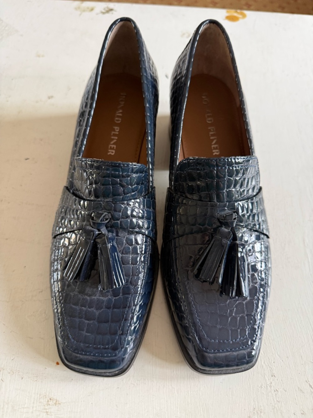 Donald J. Pliner women’s  Dark Blue Croc-Embossed Tassel Loafers